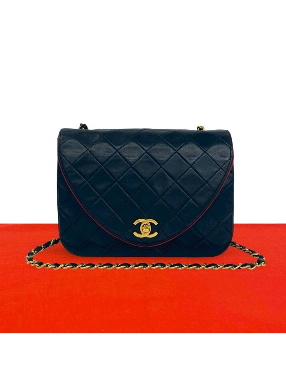 Chanel Quilted CC Logo Lambskin Shoulder Bag Navy Red Bicolor